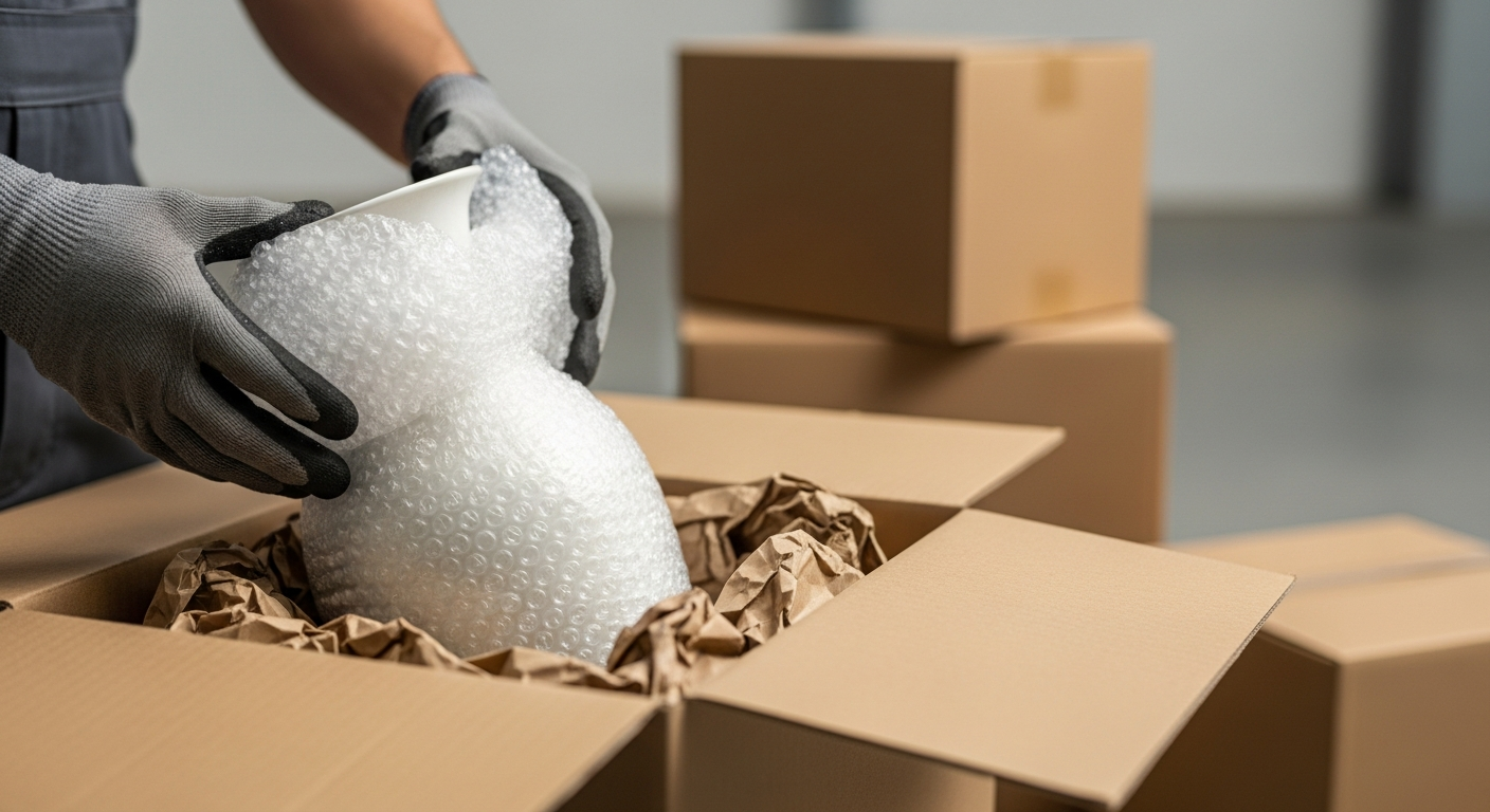 paketleme Close-up of a professional mover carefully packing fragile items into durable cardboard boxes with padding material, set in a modern warehouse environment with soft lighting