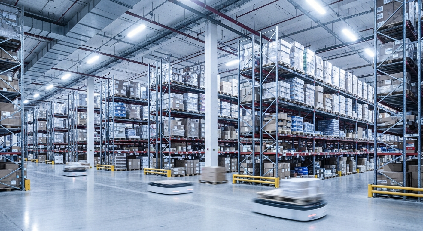 A modern logistics warehouse with advanced tracking systems, shipping containers, and digital screens displaying real-time data, illuminated with bright lighting, creating a professional and efficient atmosphere.