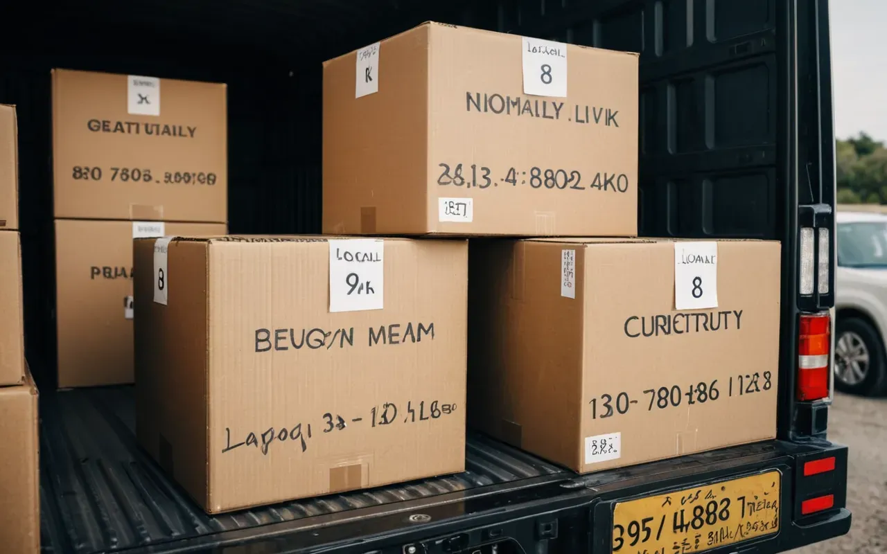 A close-up shot of neatly packed cardboard boxes labeled with clear, handwritten markers, stacked securely in a moving truck. The scene is bathed in natural daylight, emphasizing the organized and careful preparation involved in international moving.