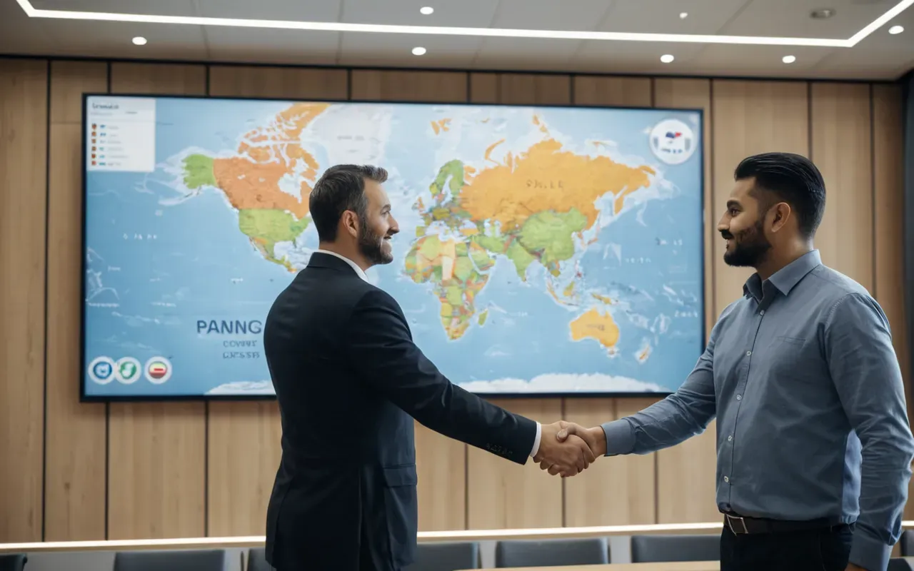 lojistik iş birlikleri A group of logistics professionals shaking hands in a modern conference hall with large screens displaying shipping routes, professional attire, bright lighting, no text visible