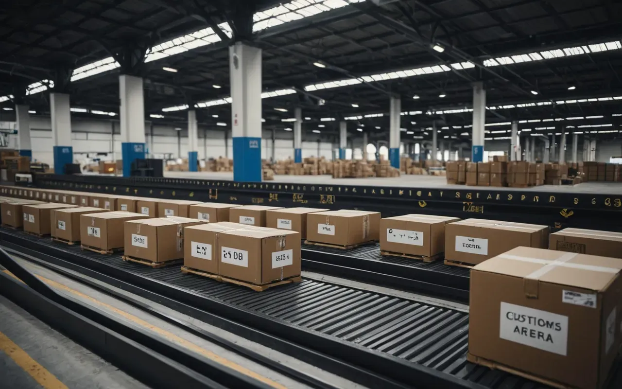gümrük denetimi A high-resolution photo of a modern customs inspection area with stacks of cardboard boxes and wooden crates on metal conveyor belts. The lighting is bright industrial white, the scene feels organized but busy. There are no people or text visible in the frame.
