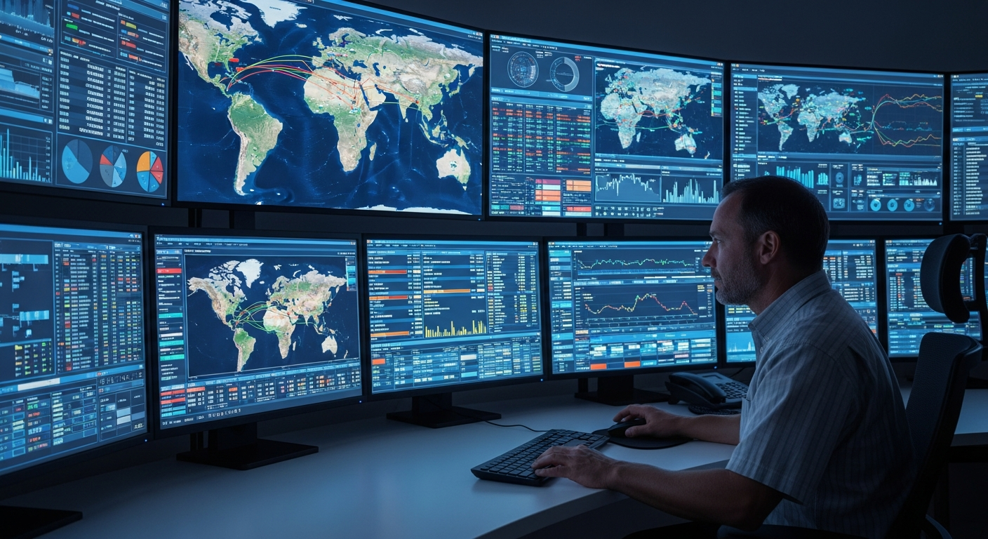 güvenlik denetimi A logistics supervisor overseeing shipment tracking data on multiple monitors inside a modern control room with a focus on human oversight