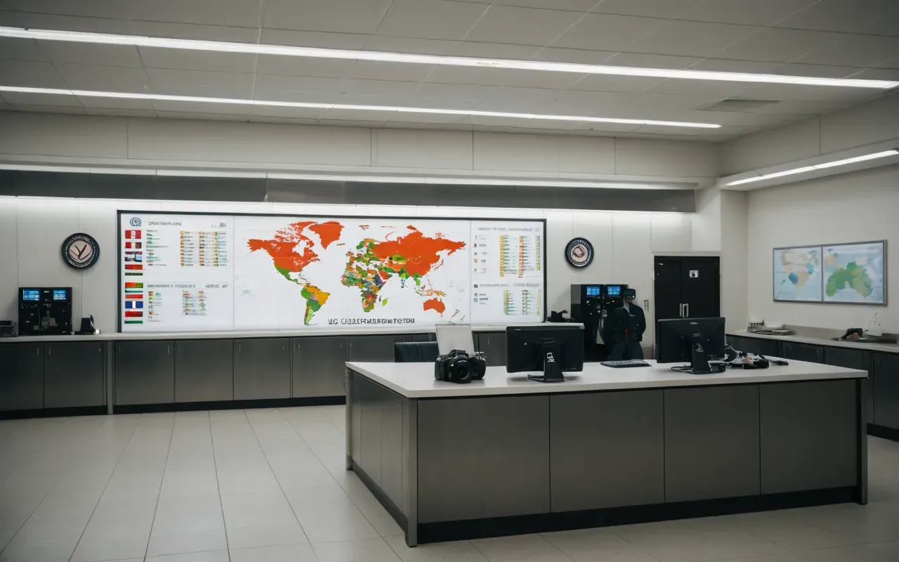 A modern, well-lit customs inspection room with a neutral background. A uniformed officer is carefully examining a cardboard box filled with various items, including electronics and clothing. The scene conveys a professional and organized atmosphere, emphasizing the detailed nature of international shipping inspections.
