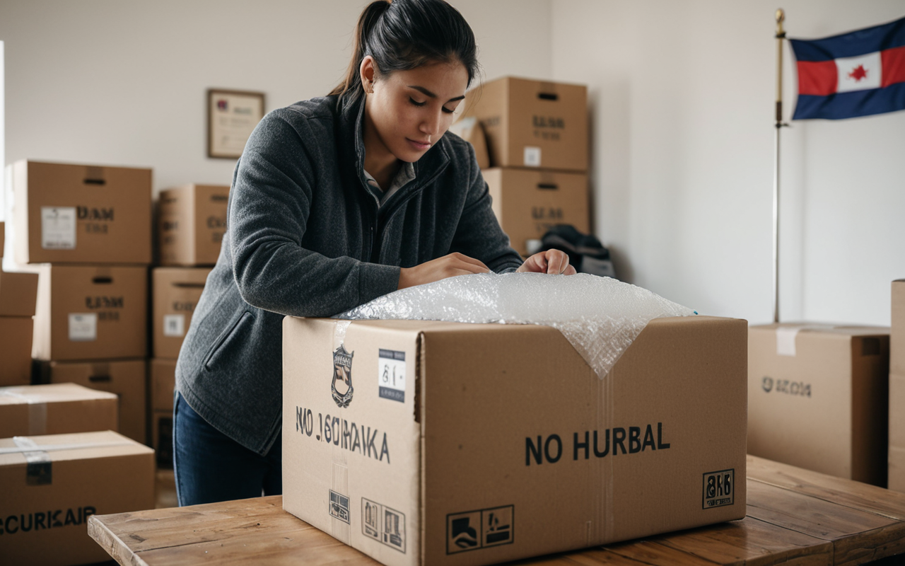 kolileme standartları A person packing boxes with care, using bubble wrap and labels, in a well-lit room with neutral decor, focused expression