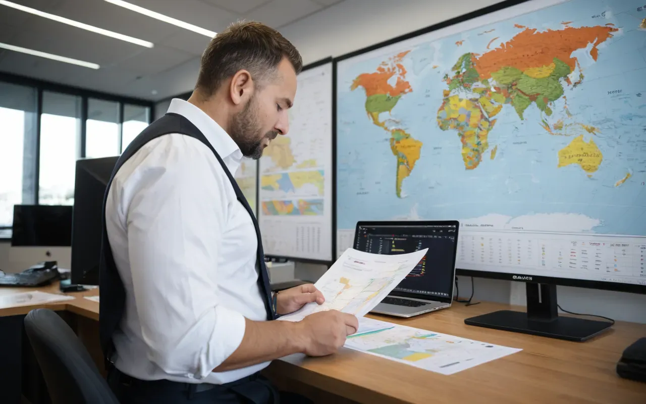 uluslararası taşımacılık A professional logistics manager reviewing shipping documents and international transport maps in a modern office environment, natural light, organized workspace, no text visible