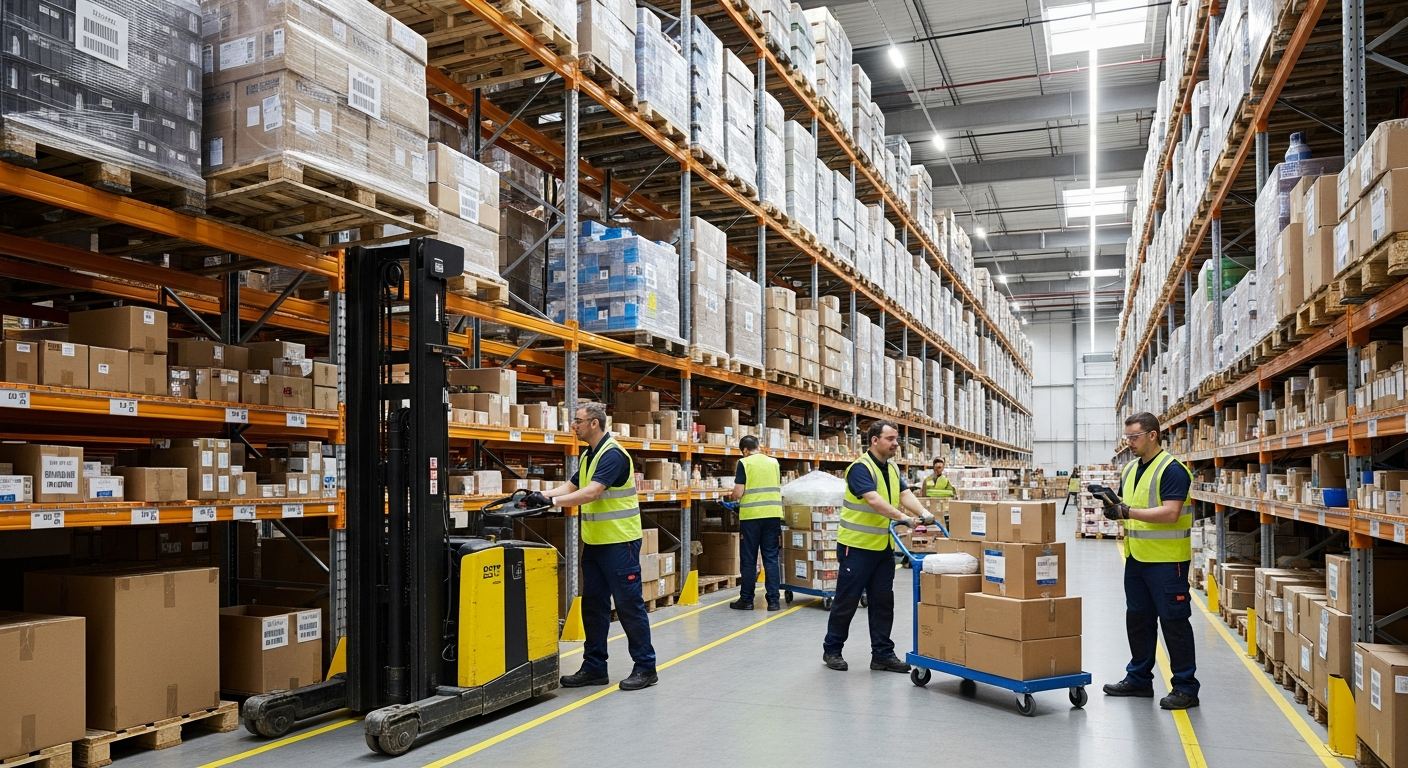 güvenlik ve sigorta A professional logistics worker inspecting goods in a modern warehouse with safety equipment and digital tracking devices, highlighting the importance of proper handling and insurance.