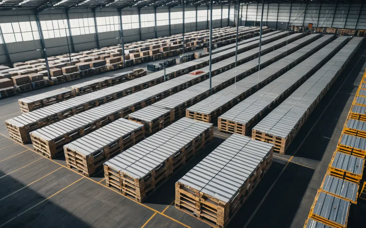 uluslararası nakliyat Aerial view of a modern logistics warehouse with organized pallets, clean industrial setting, bright lighting
