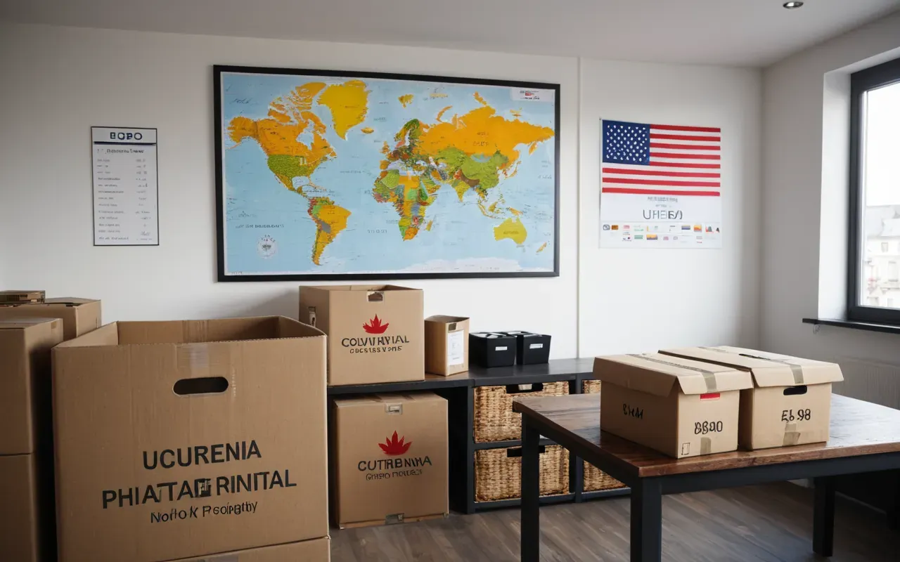 nakliye hazırlık soruları Bright modern apartment interior showing neatly organized packing supplies and labeled boxes ready for international shipping daylight photography clean design style relocation preparation scene professional moving equipment visible background