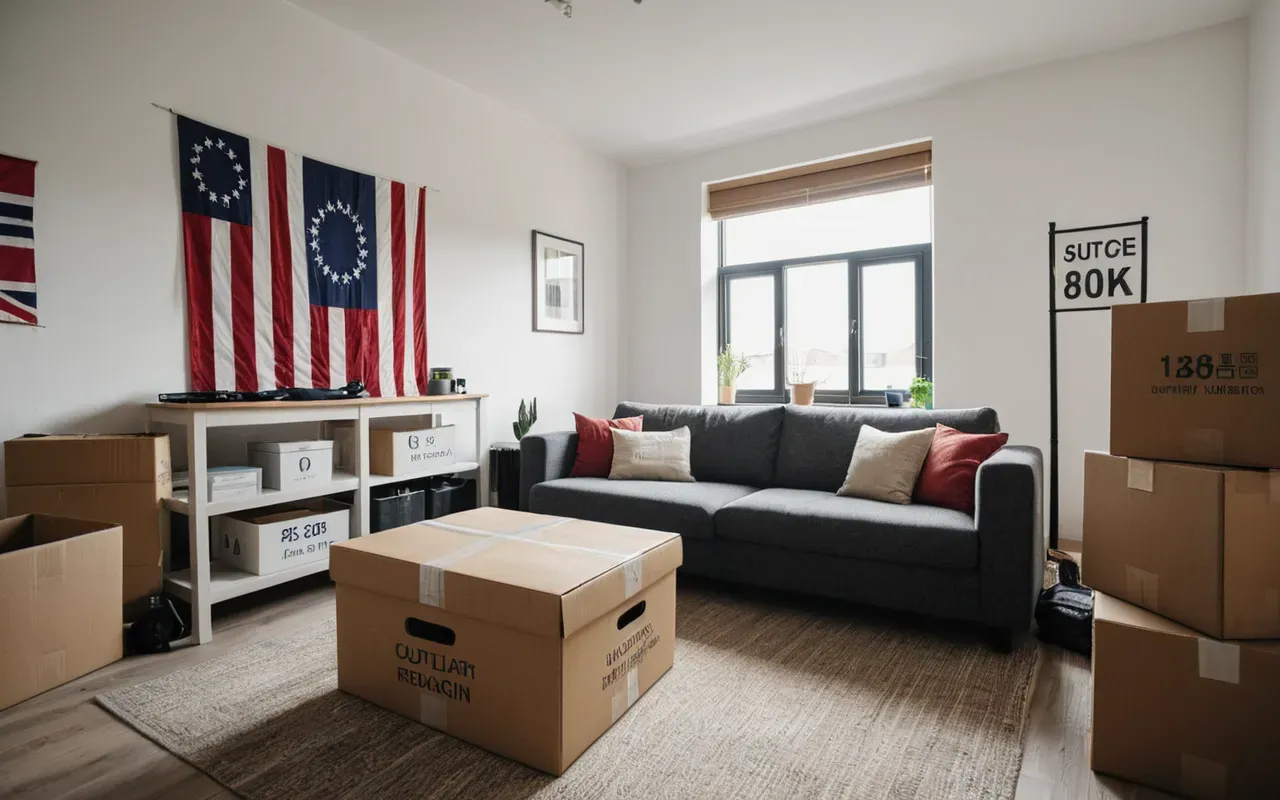 taşınma süreci görüntüleme Bright modern apartment living room with unpacked furniture boxes and moving supplies showing organized relocation process daylight photography interior design style