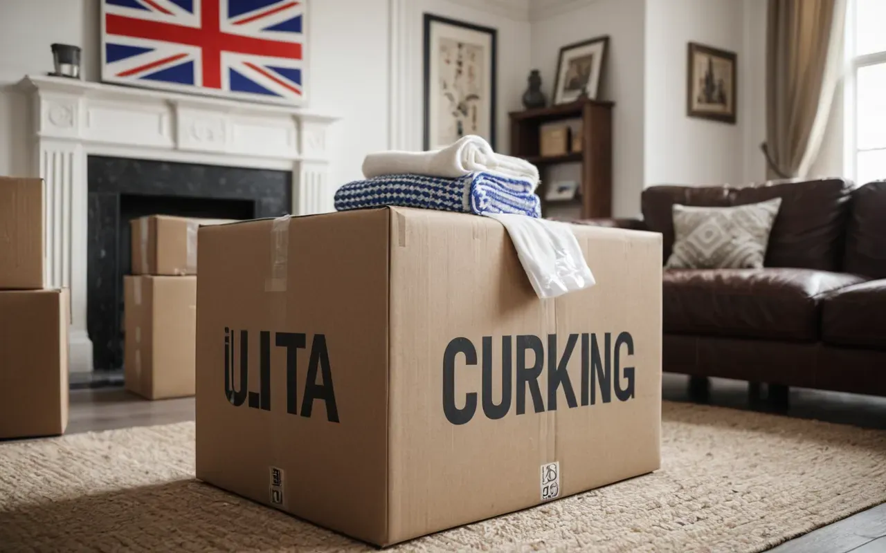 nakliye hazırlık detayları Bright modern living room interior showing carefully packed furniture boxes with protective wrapping materials and organized moving supplies daylight photography clean design style relocation preparation scene