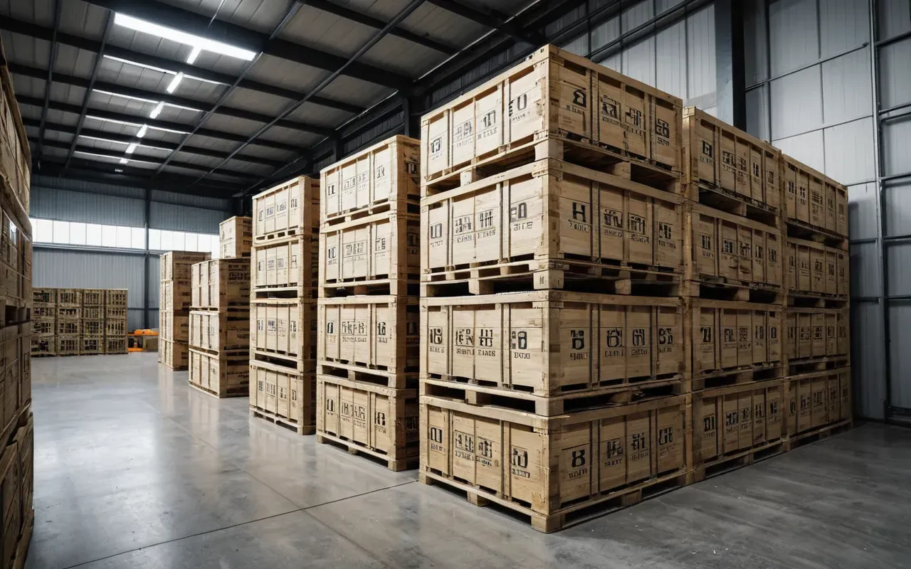 nakliyat depolama Bright modern storage facility interior showing neatly stacked crates on pallets with professional labeling system and clean concrete floor under industrial lighting