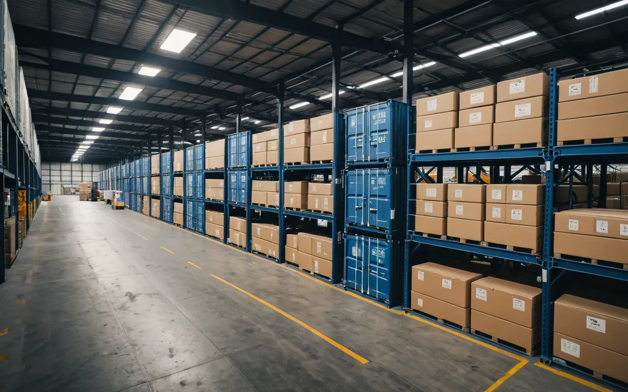 nakliyat operasyonu görüntüleme Bright modern warehouse interior showing neatly stacked shipping containers and organized logistics operations with professional packaging materials daylight photography industrial setting