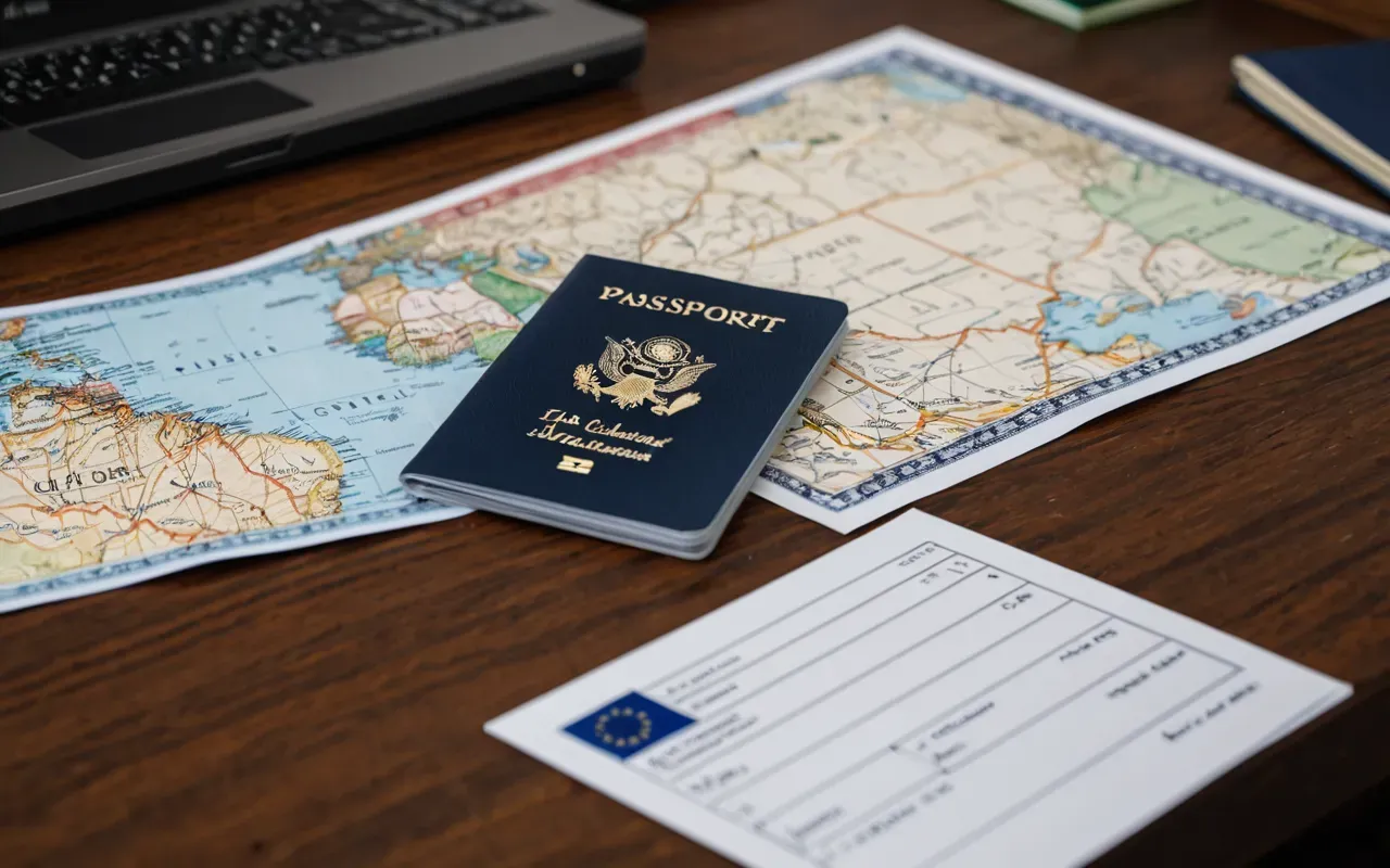gümrük belgeleri Close-up editorial still life of neatly organized shipping documents, passports, and customs forms on a clean modern wooden desk with a fountain pen, soft overhead lighting