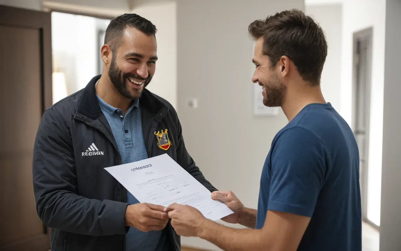 Close-up of a friendly professional mover handing over a signed document to a smiling client in a modern apartment hallway, natural lighting, shallow depth of field, positive and reassuring mood