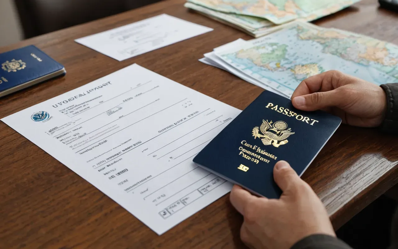 resmi belgeler Close-up of a person's hands holding a stack of official documents and a passport on a clean wooden desk, soft natural light from a nearby window, shallow depth of field, professional office setting