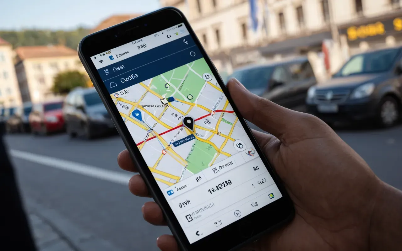 Close-up of a smartphone screen displaying a logistics tracking map with a route line, held by a person's hand, blurred modern background, soft focus on screen, no text visible