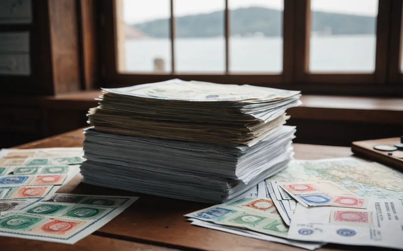 Close-up of a stack of international shipping documents with stamps and seals, organized on a wooden desk, natural light from a window, professional office setting