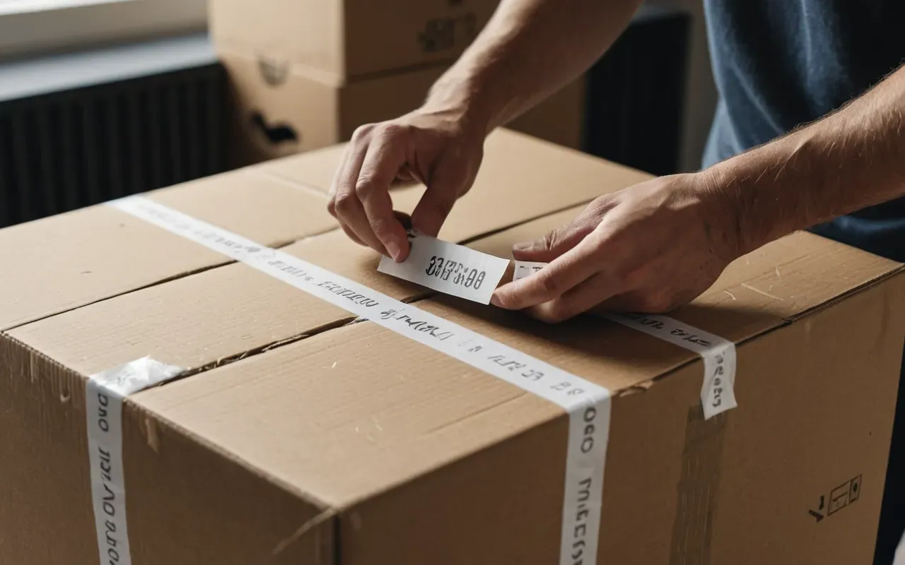 paketleme malzemeleri Close-up of hands carefully sealing a cardboard box with strong packing tape and applying shipping labels in a clean modern home interior daylight photography