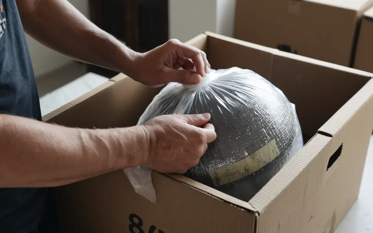 paketleme teknikleri Close-up of hands carefully wrapping a delicate ceramic vase in protective bubble wrap and placing it into a sturdy cardboard box, clean indoor setting