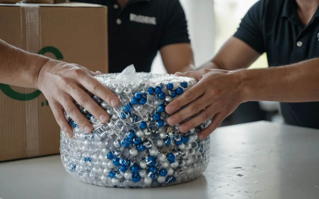 kolileme süreci Close-up of hands carefully wrapping a glass vase in bubble wrap on a clean white table, with neatly stacked cardboard boxes in the background, bright natural light, professional interior photography