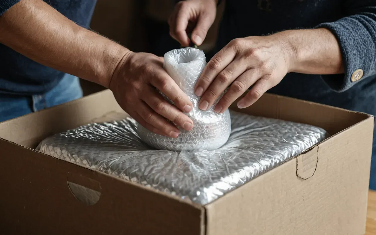 eşya sigorta hazırlığı Close-up of hands carefully wrapping delicate ceramic vase with bubble wrap and placing it in cardboard box showing careful packing technique daylight photography clean home interior background professional moving preparation scene