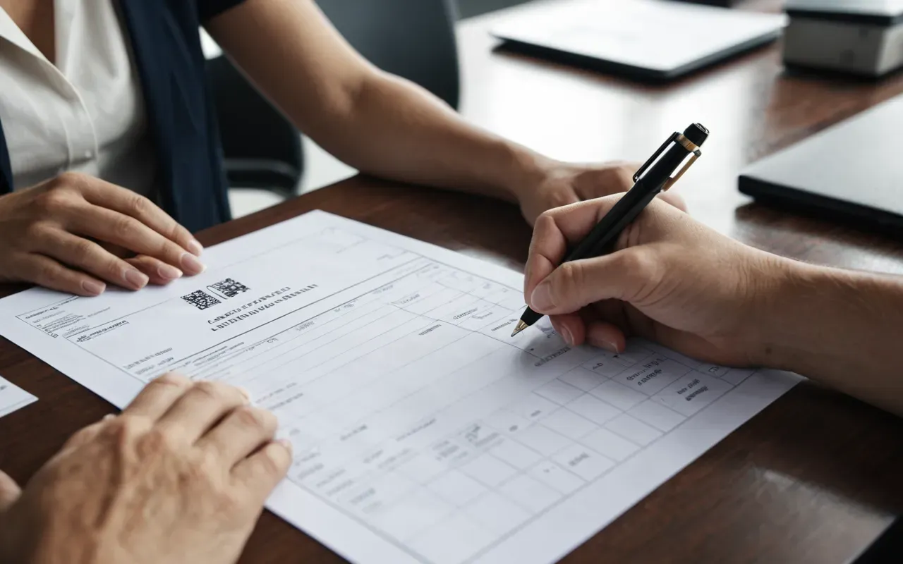 nakliye sözleşmesi Close-up of hands signing shipping documents at modern office desk showing international transport paperwork with organized files and professional logistics planning materials daylight photography