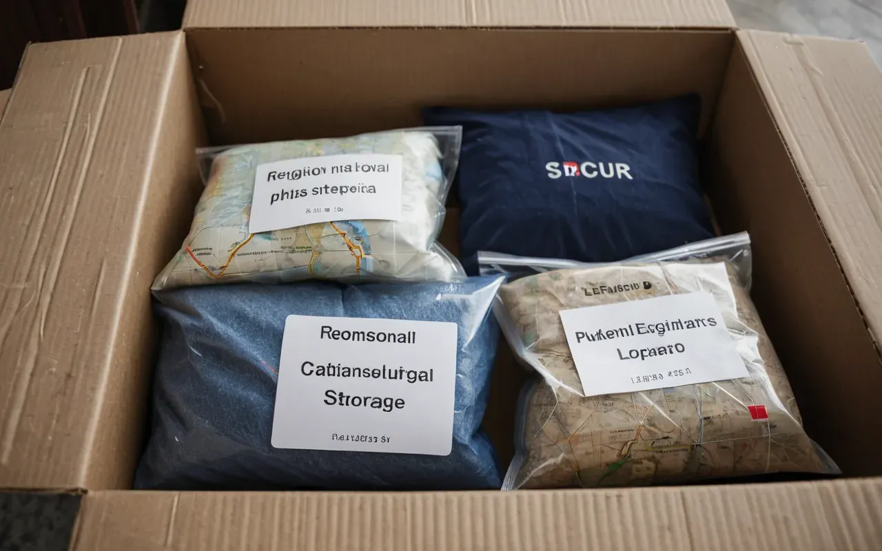 eşya hazırlığı Close-up of neatly folded clothing and personal items packed in clear plastic storage bags inside a cardboard box showing organized moving preparation daylight photography