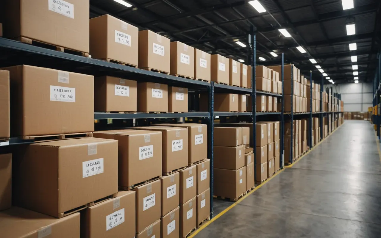 eşya kolileme Close-up of neatly packed cardboard boxes with labels in a well-lit modern warehouse interior showing organized storage and logistics operations
