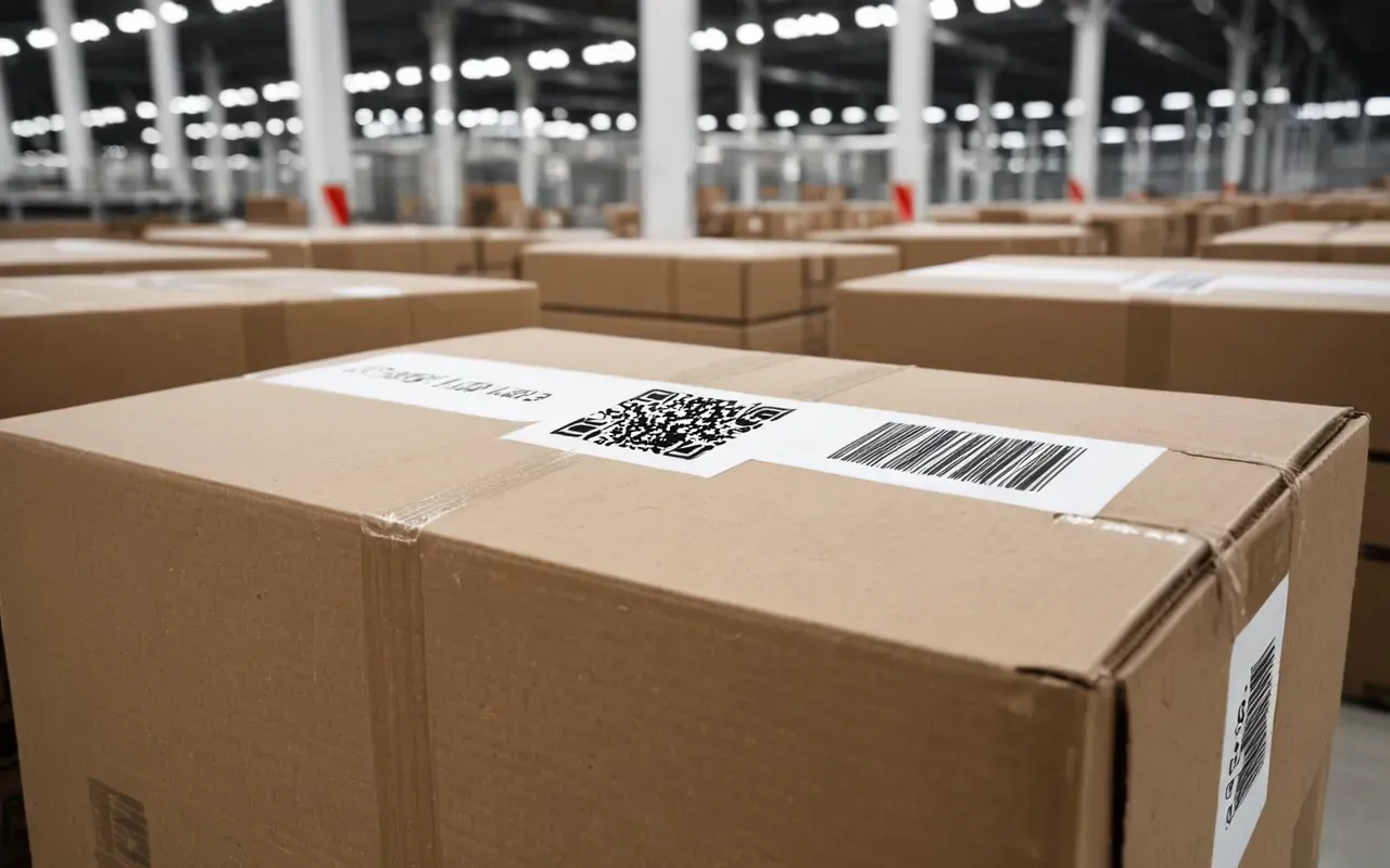 nakliye takip sistemi Close-up of organized shipping labels and barcode scanners on cardboard boxes in modern logistics facility showing efficient tracking system daylight photography professional warehouse environment