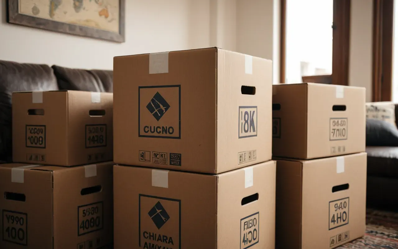 eşya taşıma Close-up photograph of neatly packed cardboard boxes in a modern living room, warm natural lighting, organized stacking