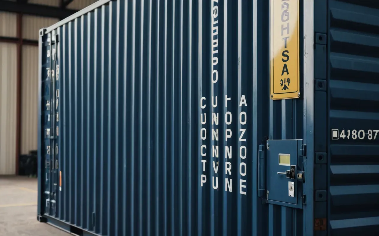 Close-up shot of a modern shipping container door being secured with heavy-duty metal straps in a clean industrial warehouse, bright overhead lighting, sharp focus on the locking mechanism