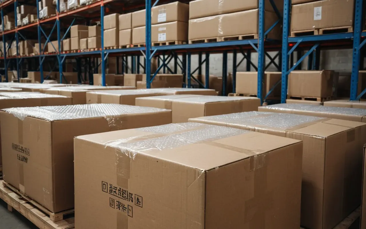 kolileme standartları Close-up shot of carefully packed cardboard boxes with protective corner guards and bubble wrap in a warehouse setting, soft lighting, organized stacking, no text or labels visible