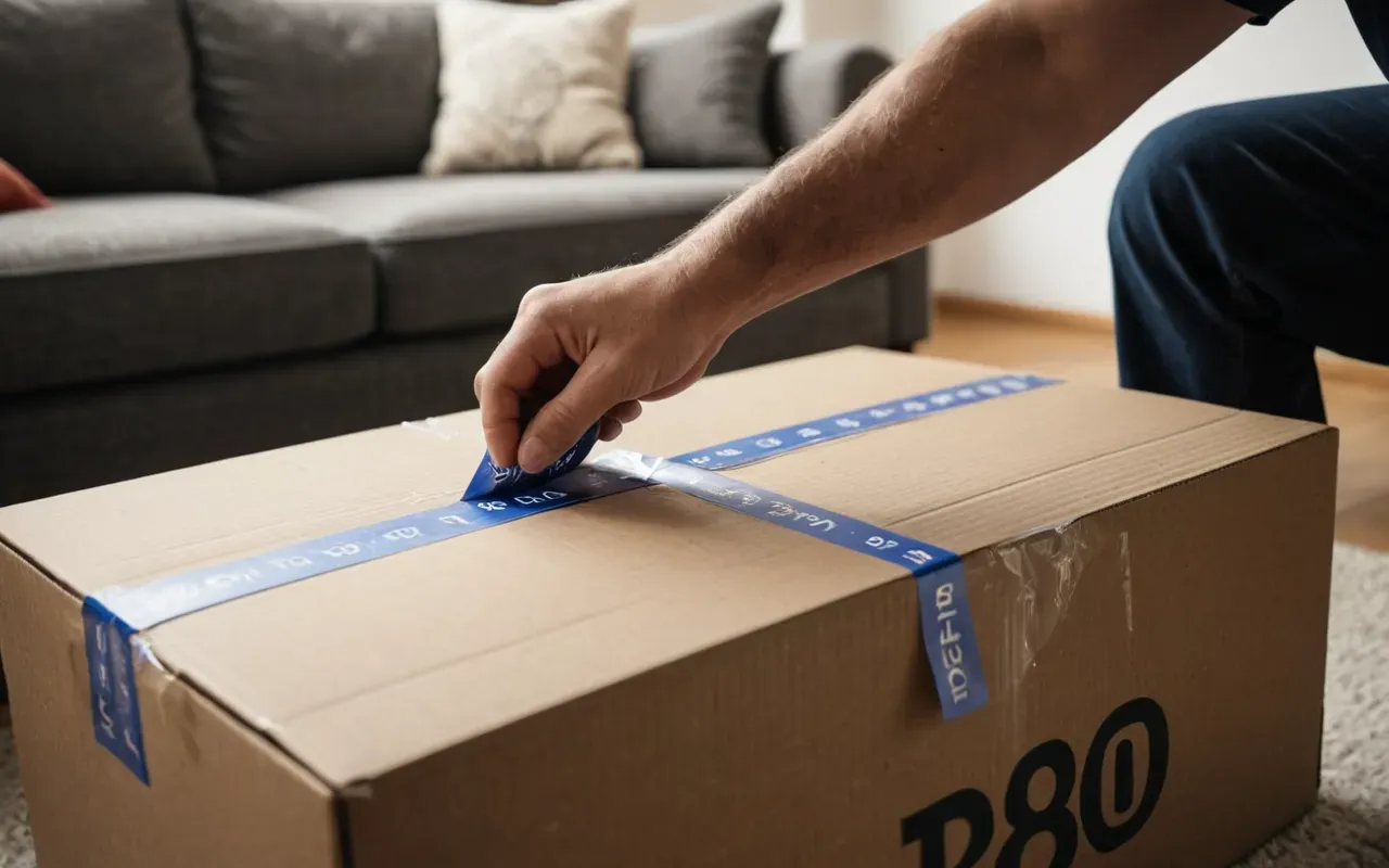 Close-up shot of hands carefully sealing a sturdy cardboard box with packing tape inside a well-lit modern living room, soft natural lighting, focus on hands and box, neutral colors