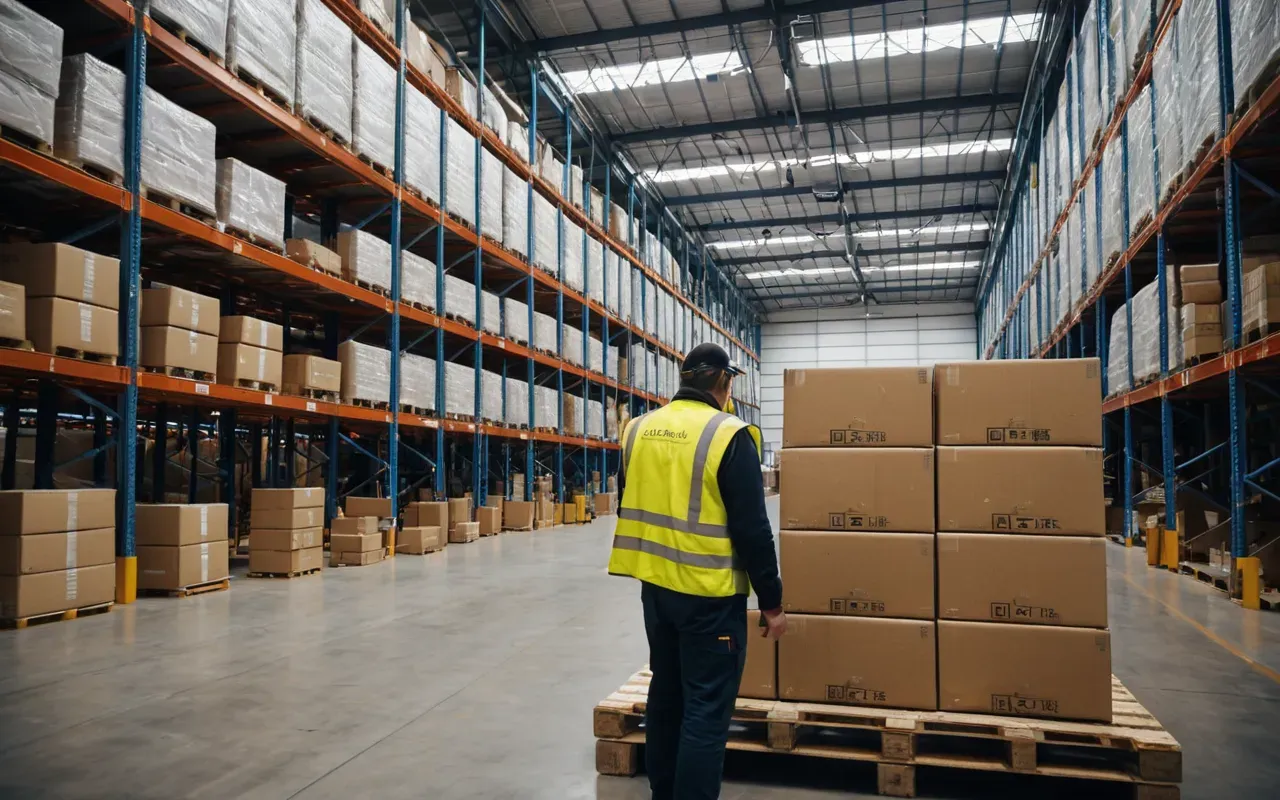 Interior of a clean modern logistics warehouse with stacked cardboard boxes on pallets, workers wearing safety vests in the background, soft overhead lighting, realistic setting
