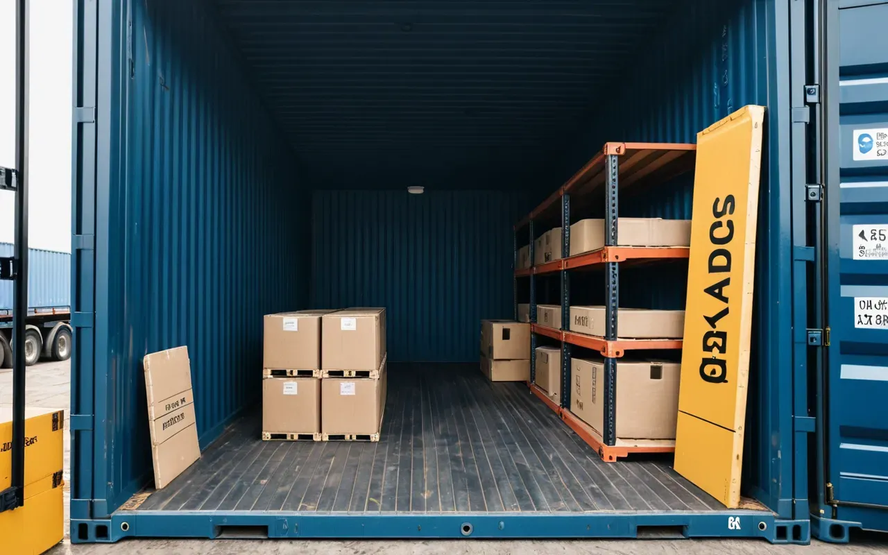 nakliye operasyonu Interior of modern shipping container being loaded with securely crated furniture showing organized logistics operation under bright daylight photography