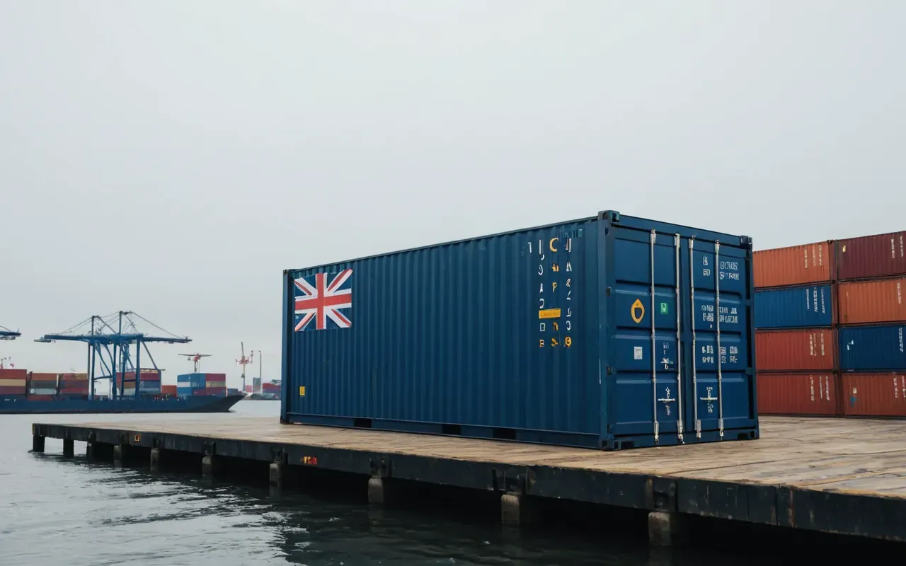 uluslararası nakliyat Minimalist editorial shot of a modern shipping container on a clean dock, overcast sky, industrial setting