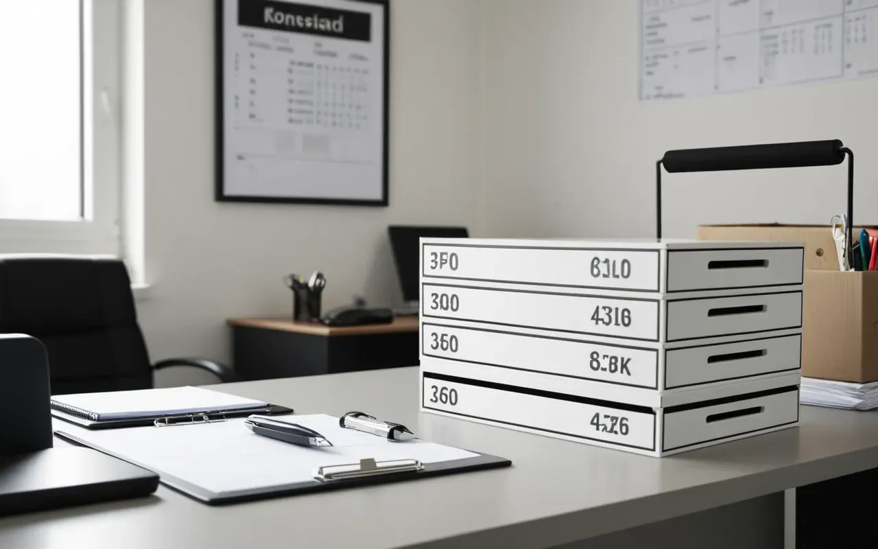 Minimalist office desk with neatly stacked white cardboard boxes, a clipboard with a checklist, and a modern silver stapler, soft natural light from a large window, clean and organized composition