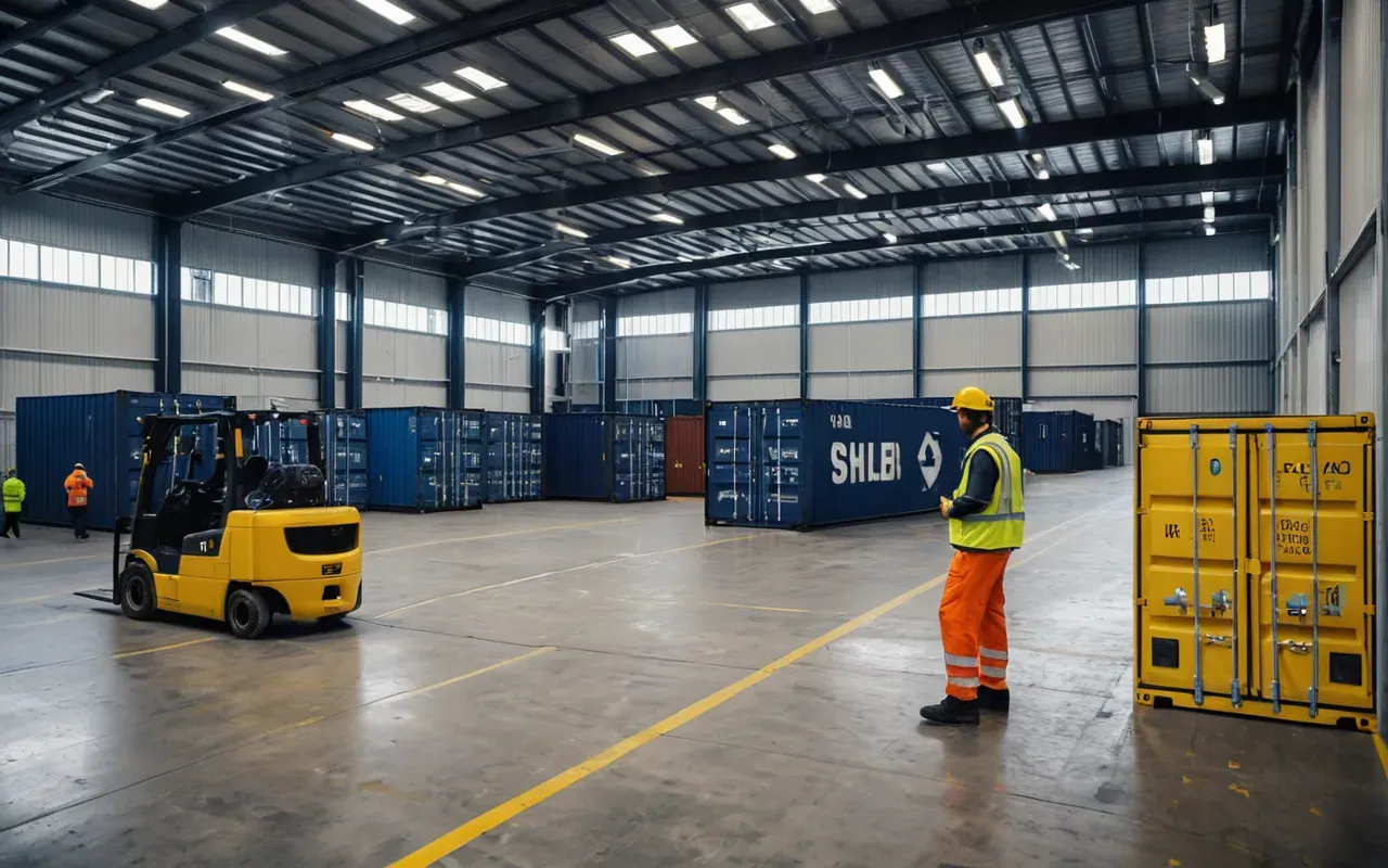 nakliyat taşıma yöntemleri Modern interior of a logistics warehouse with organized shipping containers, clean concrete floors, and workers in neutral uniforms preparing boxes, bright daylight