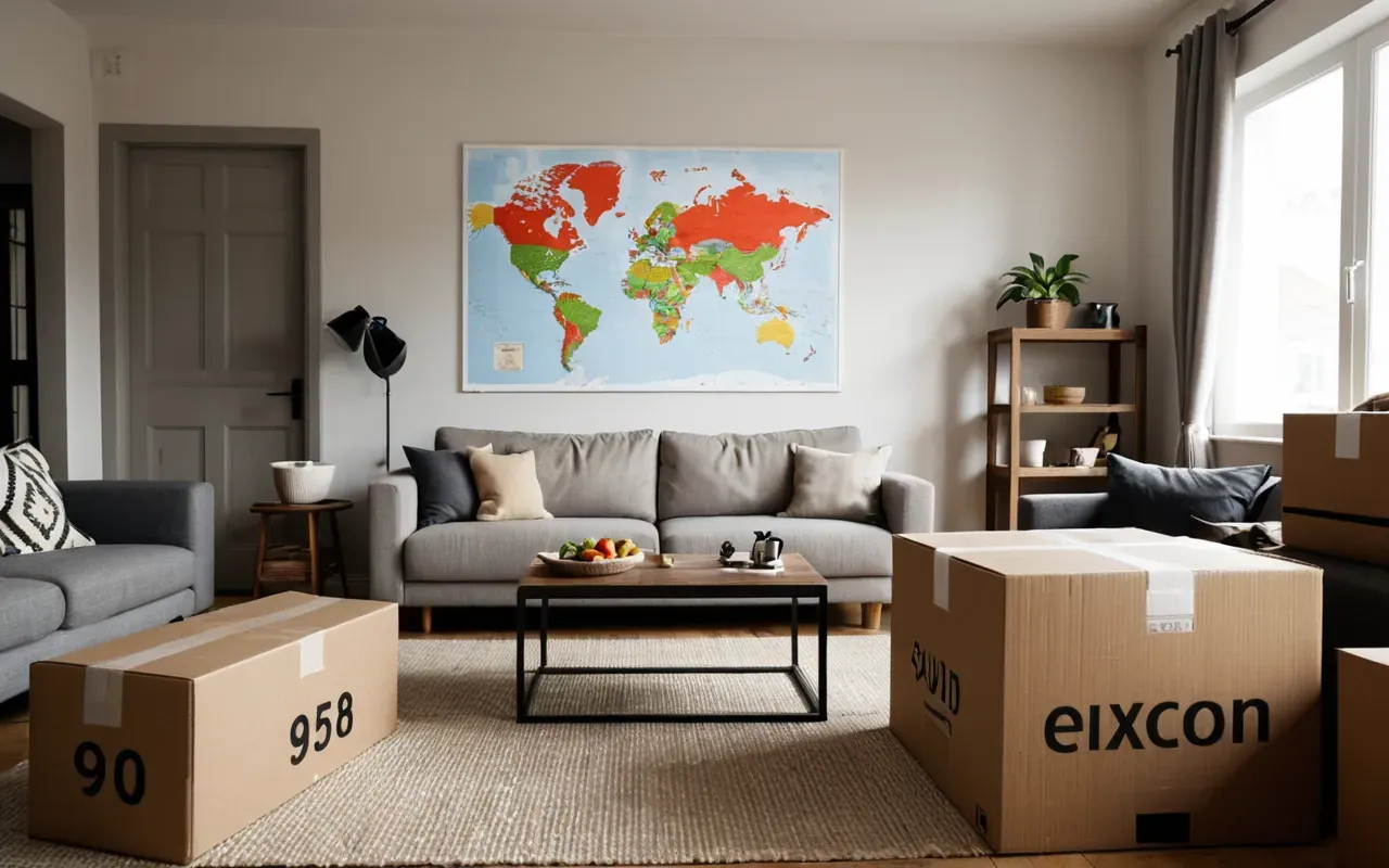 Modern living room with minimal furniture being packed into cardboard boxes, neutral color palette, natural daylight streaming through large windows, clean and organized scene