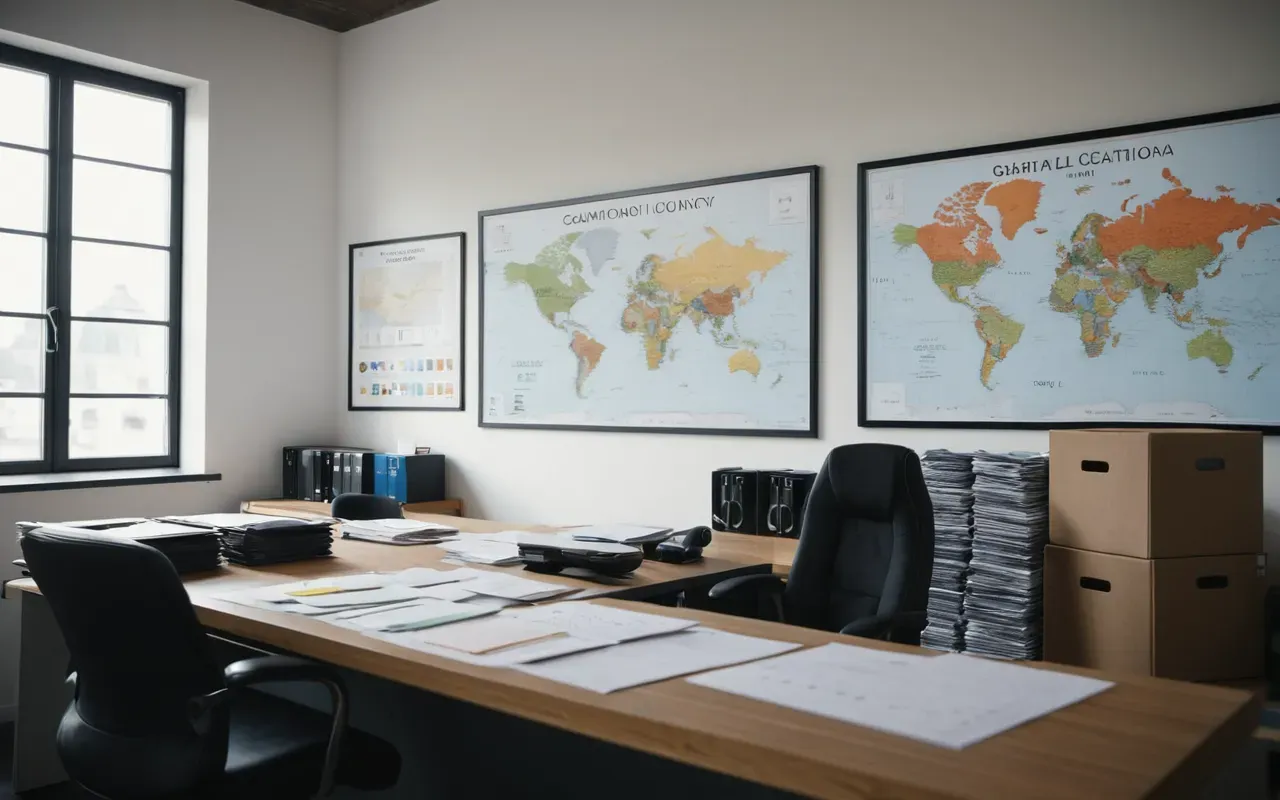 nakliye maliyet planlaması Modern minimalist office interior with organized documents and shipping paperwork on desk showing logistics planning materials daylight photography professional workspace environment clean design style