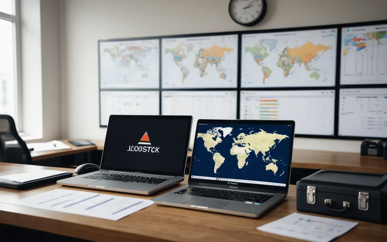 nakliye zaman yönetimi sistemi Modern office workspace showing organized shipping documents and customs forms on desk with laptop displaying logistics tracking software daylight photography professional business environment clean design style interior scene