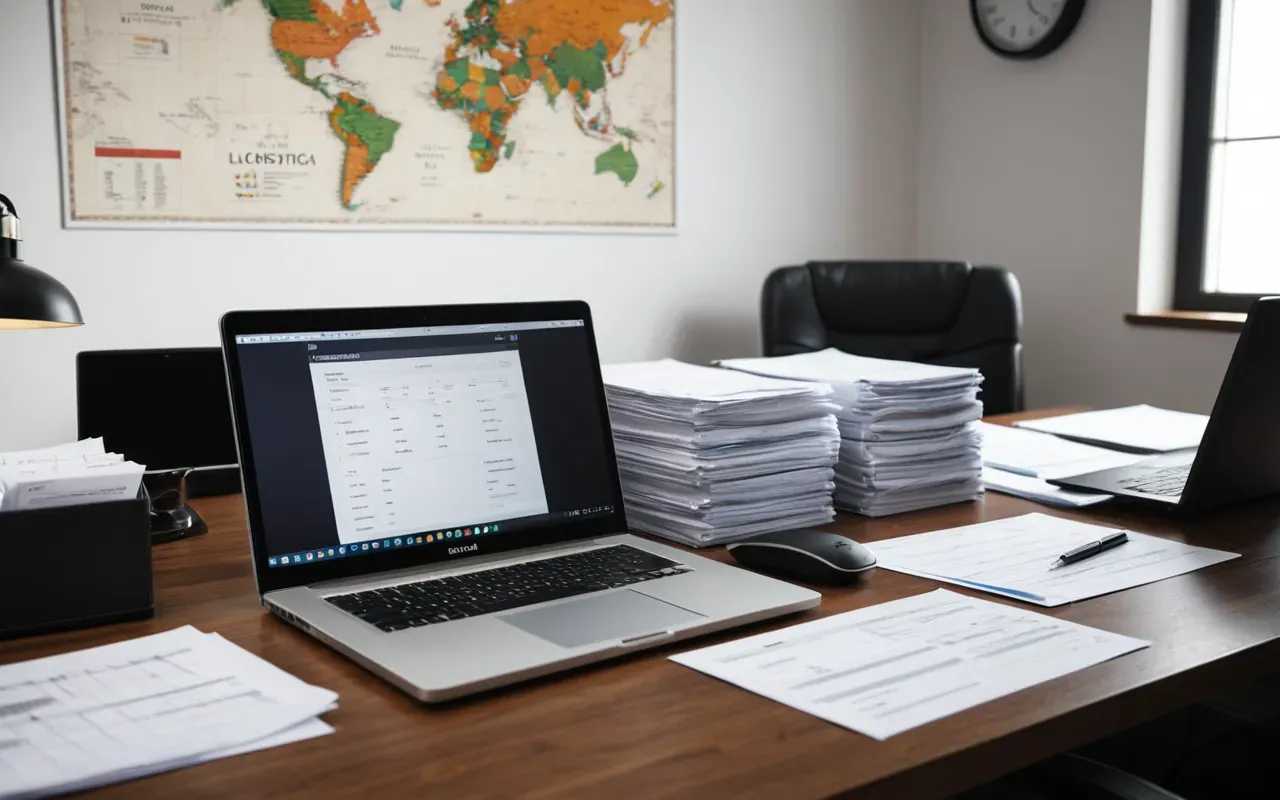 taşıma belgeleri Modern office workspace with organized documents and laptop on desk showing international shipping paperwork customs forms and logistics planning materials