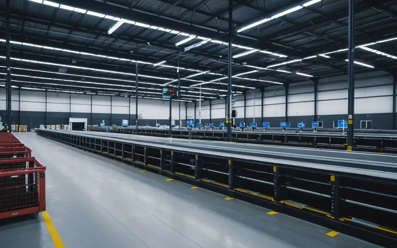 modern lojistik teknolojileri Modern warehouse interior with automated sorting systems and digital tracking screens, clean organized environment, soft blue lighting, no text visible