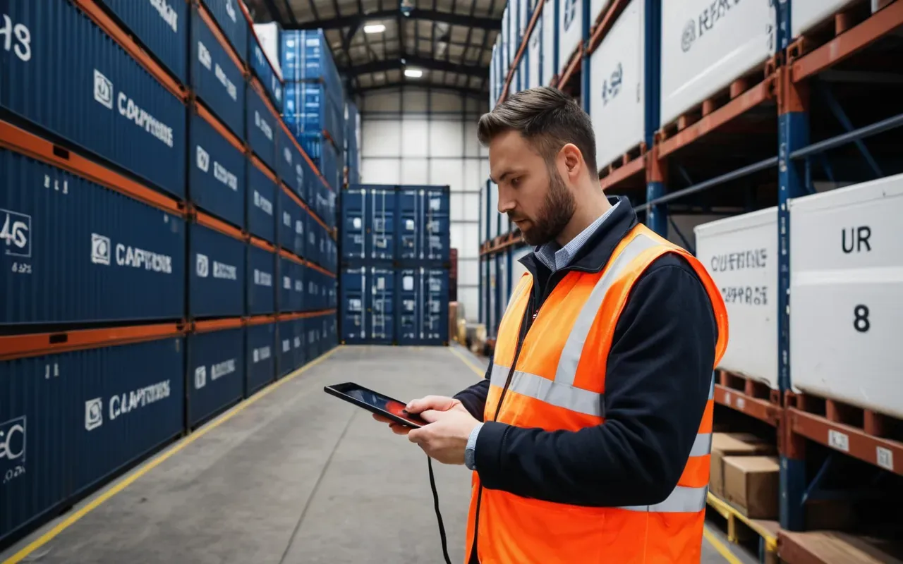nakliye hata önleme sistemi Professional logistics coordinator using tablet device to track shipping containers in modern warehouse facility showing efficient inventory management system daylight photography clean industrial environment
