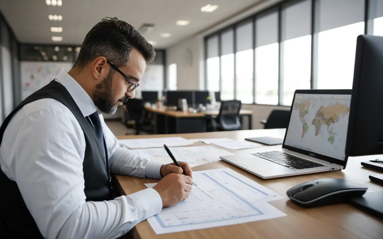 nakliyat yönetimi Professional logistics manager reviewing shipping documents at modern office desk with laptop and organized paperwork showing international transport planning