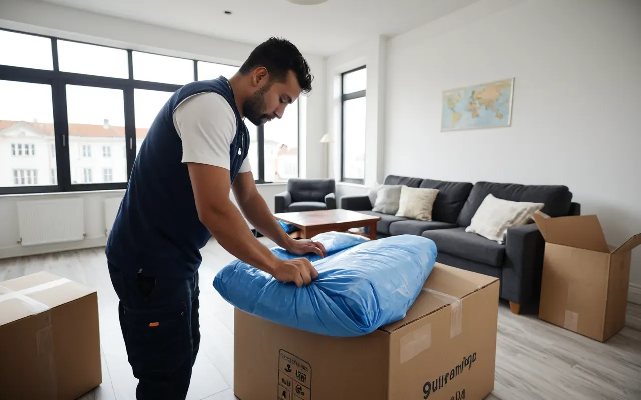 nakliyat hizmetleri Professional mover carefully wrapping furniture with protective padding in a clean bright apartment living room interior daylight photography