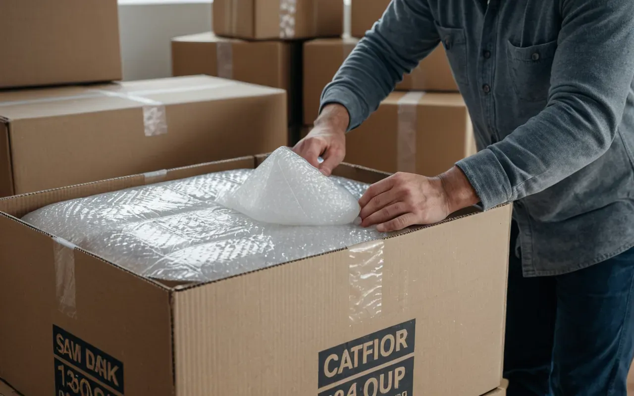 paketleme süreci Professional packer using bubble wrap and packing tape to secure fragile items in cardboard boxes showing careful moving preparation daylight photography interior scene