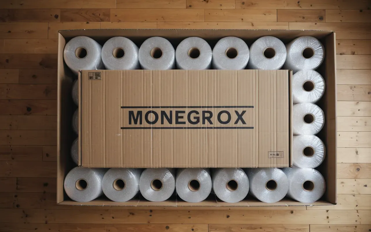 Top-down flat lay of a modern moving box being taped shut with brown packing tape on a light wooden floor, surrounded by bubble wrap rolls and packing peanuts, bright clean lighting, neutral colors