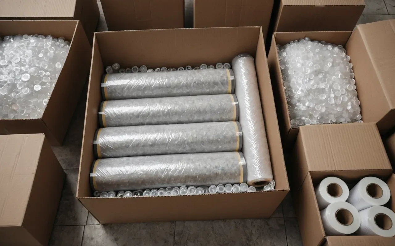 Top-down view of neatly packed moving boxes sealed with packing tape, surrounded by bubble wrap and packing paper rolls, clean floor background, bright lighting