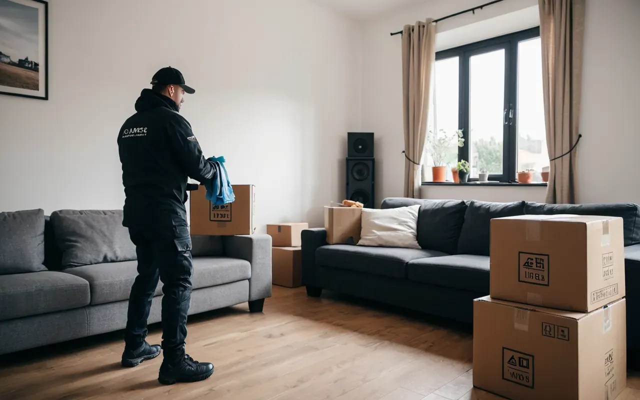 eşya taşıma güvenlik Wide editorial photograph of a modern minimalist living room with neatly packed cardboard boxes and a professional mover wearing gloves carefully handling a fragile item, soft natural daylight